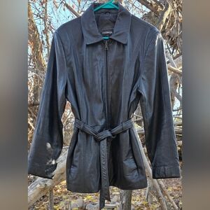 Outbrook Black Leather Jacket w/Tie Belt & Liner Women’s Large/Grande 12/14